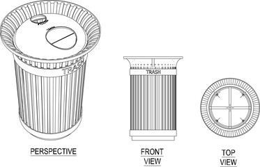 vector sketch silhouette illustration of modern trash can container box round shape seen from various sides 