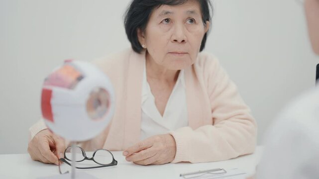 Elderly Patient consulting Doctor to Eye disease, Senior Medical Diagnosis. Anatomy Eye model for Cataract, Glaucoma, Age Related Macular Degeneration, Diabetic Retinopathy, Vitreous, health concept