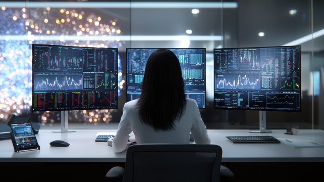 Female Stock Trader Analyzing Data on Multiple Computer Screens stock trader data analysis woman