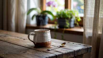 Cozy Morning Tea by the Window – Rustic Cup on Wooden Sill with Sunlight, Flowers, and Peaceful Garden View