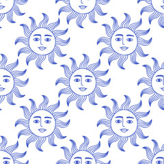 La dolce vita doodles seamless pattern sun. Blue on white vector illustration of italian style hand drawn posters. Wall art prints decor, for invitations, menus design.