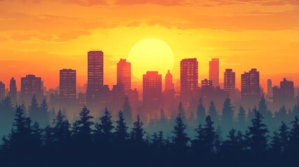 Fototapeta premium City silhouette at sunset with trees in foreground and vibrant sky