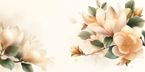 Luxurious magnolia motif: green leaves entwine blossoms on the right against a blurred, light beige backdrop