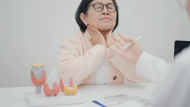 Elderly Patient having Neck pain and consulting  with Doctor to Thyroid disease. Anatomy Thyroid model for Hyperthyroidism, Hypothyroidism, Hashimoto Thyroiditis, Thyroid Tumor and Cancer