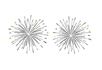 Obraz premium Simple black line firework icons, stars, sparks, isolated on white background, black, event