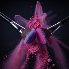 Dynamic Collision of Makeup Brushes with Pink Powder Explosion on Black Background