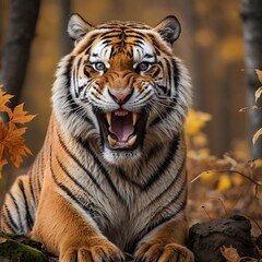Fototapeta premium Potrait of fierce Tiger roaring its opponent to stand back AI Generated Image