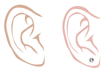 Male and Female Ear  with a diamond earring in Outline Art Style. Editable Clip Art.