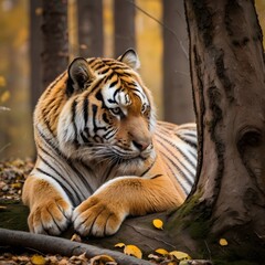 Obraz premium Potrait of chubby Tiger laying its body in the tree root in the fall forest AI Generated Image