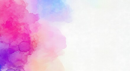 Fototapeta premium A delicate abstract background, featuring a soft blend of watercolor washes in pastel shades of pink, purple, and blue concentrated on the left, leaving ample white space on the right.