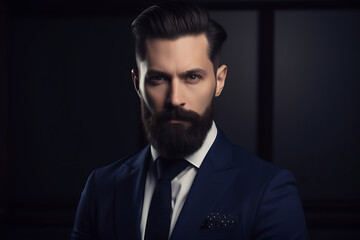 Fototapeta premium Elegant corporate headshot of a stylish man in a fitted navy suit with a confident expression