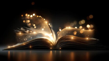 Open book releasing magical light and sparkles in a dark environment at night