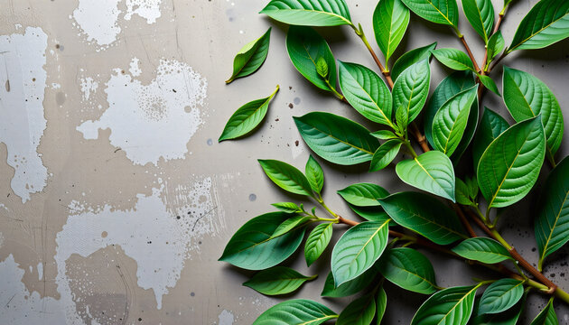 Bold flat lay of sage on a concrete texture, with silvery green tones, diffused lighting intensity