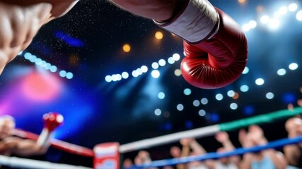 Dynamic boxing scene with a strong punch and cheering crowd, capturing the essence of competitive sports.