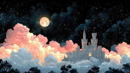 A beautiful illuminated castle floats serenely among pink fluffy clouds
