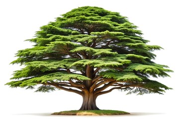 Would you like a shorter version as well?, A cedar of lebanon tree with a thick trunk and dense green foliage against a white background in full view
