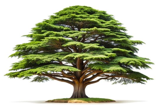Would you like a shorter version as well?, A cedar of lebanon tree with a thick trunk and dense green foliage against a white background in full view
