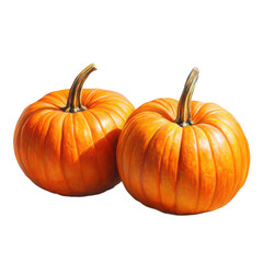 Two orange pumpkins close up on transparent background