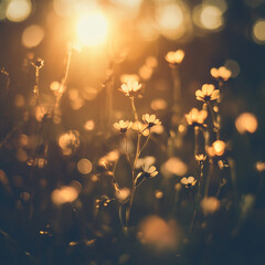 Dreamy Golden Bokeh in Nature – Soft Focus on Wild Grass and Sunlight Flare in Serene Outdoor Scene
