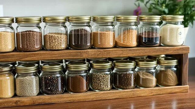 Artisan Spice Collection:  Aromatic Jars Displayed on Rustic Wooden Rack for Culinary Delights