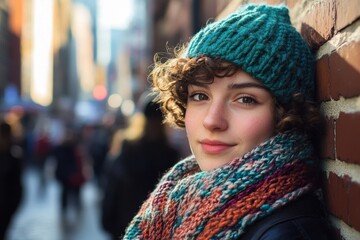 Young woman smiling warmly outdoors in urban setting wearing a colorful scarf and knitted hat, embracing winter fashion and city lifestyle.