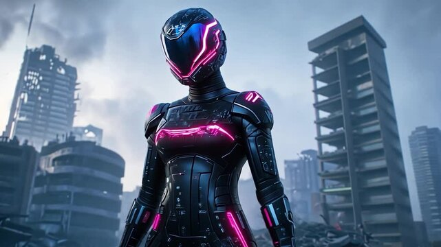 Cyberpunk woman in post apocalyptic city