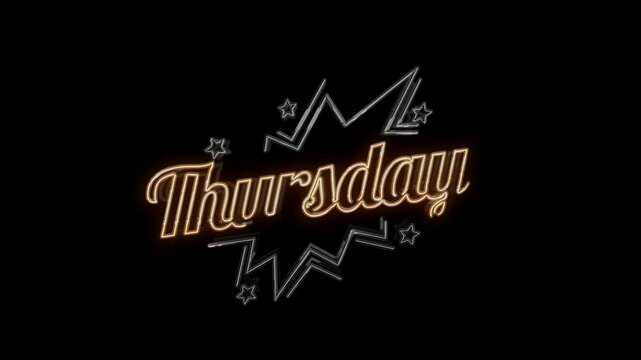 Thursday text animation with neon effect and transparent background