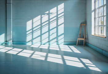 Obraz premium Empty Blue Room with Wooden Floor and Window.Minimalist Blue Room with Wooden Floor and Window, Empty Space