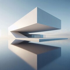 Fototapeta premium Modern minimalist building with a floating geometric design reflecting in the water.