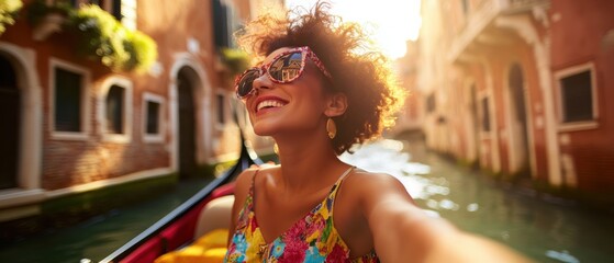 Young woman smiling and enjoying a scenic gondola ride in Venice, Italy during sunset wearing sunglasses, summer style, joyful travel experience.