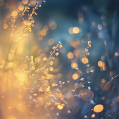 Dreamy Golden Bokeh in Nature – Soft Focus on Wild Grass and Sunlight Flare in Serene Outdoor Scene