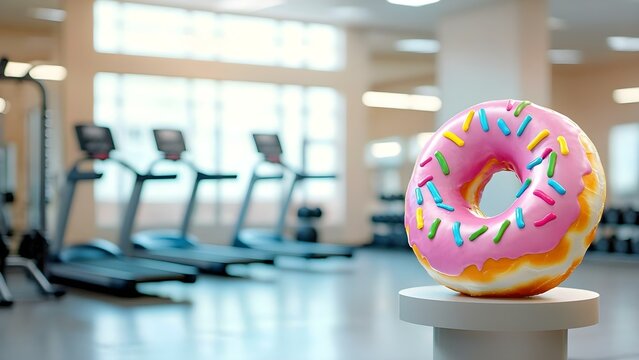 A large, colorful donut sits on a pedestal in a gym, with treadmills and weights visible in the background. Concept Gym Decor, Colorful Donut Display, Fitness Setting, Playful Contrast