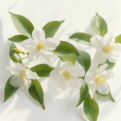 Fototapeta premium Close-up of a cluster of delicate white flowers with yellow stamens and green leaves on a white background, evoking freshness and simplicity