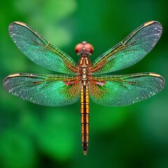 Speckled Dragonfly with Translucent Wings Against Green Blurred Background