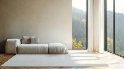 Modern minimalist living room with large windows and serene view in daylight