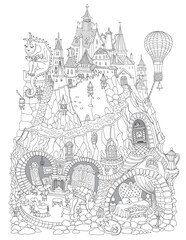 Fototapeta premium Fairy tale Dragon reading book, old medieval castle . Vector contour thin line illustration, coloring book page