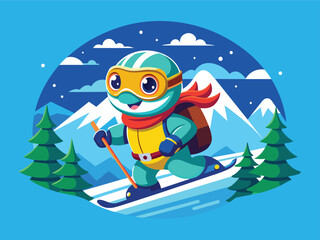 A cute cartoon penguin illustration vector shows a happy animal skiing and snowboarding on a snowy winter hill, bringing fun to the holiday
