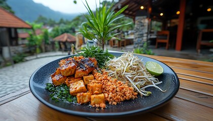 Grilled tofu, noodles, and bean sprouts dish