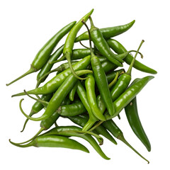Pile of green chilies isolated on transparent background