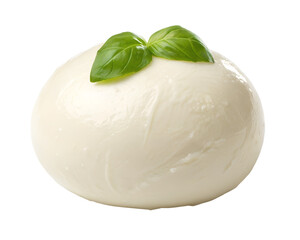 Mozzarella ball with basil garnish isolated on transparent background