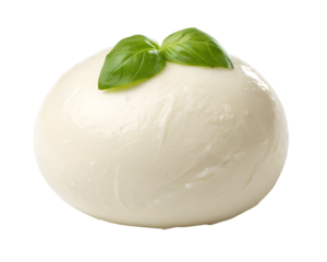 Mozzarella ball with basil garnish isolated on transparent background