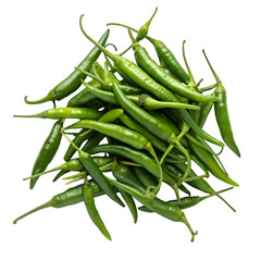 Pile of green chilies isolated on transparent background