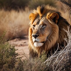 Potrait of good looking Lion having a photo shoot near a bush in the wild AI Generated Image