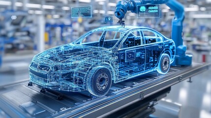 Obraz premium Automated car assembly line with robotic arm and transparent car structure overlay