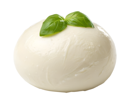 Mozzarella ball with basil garnish isolated on transparent background