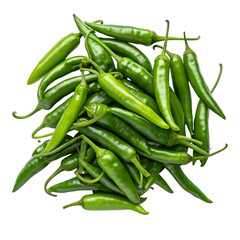 Pile of green chilies isolated on transparent background
