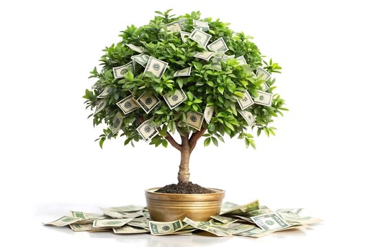 Would you like a shorter version as well?, Money tree with dollar bills in a gold pot on a white background representing financial growth and wealth