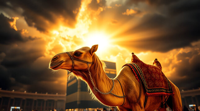Eid al adha celebration, Eid ud Duha banner concept, A Camel with Kaaba, Islamic Celebration Day, Generative Ai