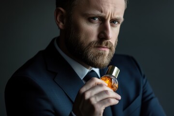 Man wearing suit holding luxury perfume bottle with serious expression in studio, elegant fragrance, male grooming, sophisticated style, fashion portrait.
