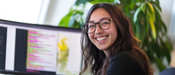 Woman software developer smiling at desk working on computer code in modern office environment with plants, technology, and creative workspace atmosphere.